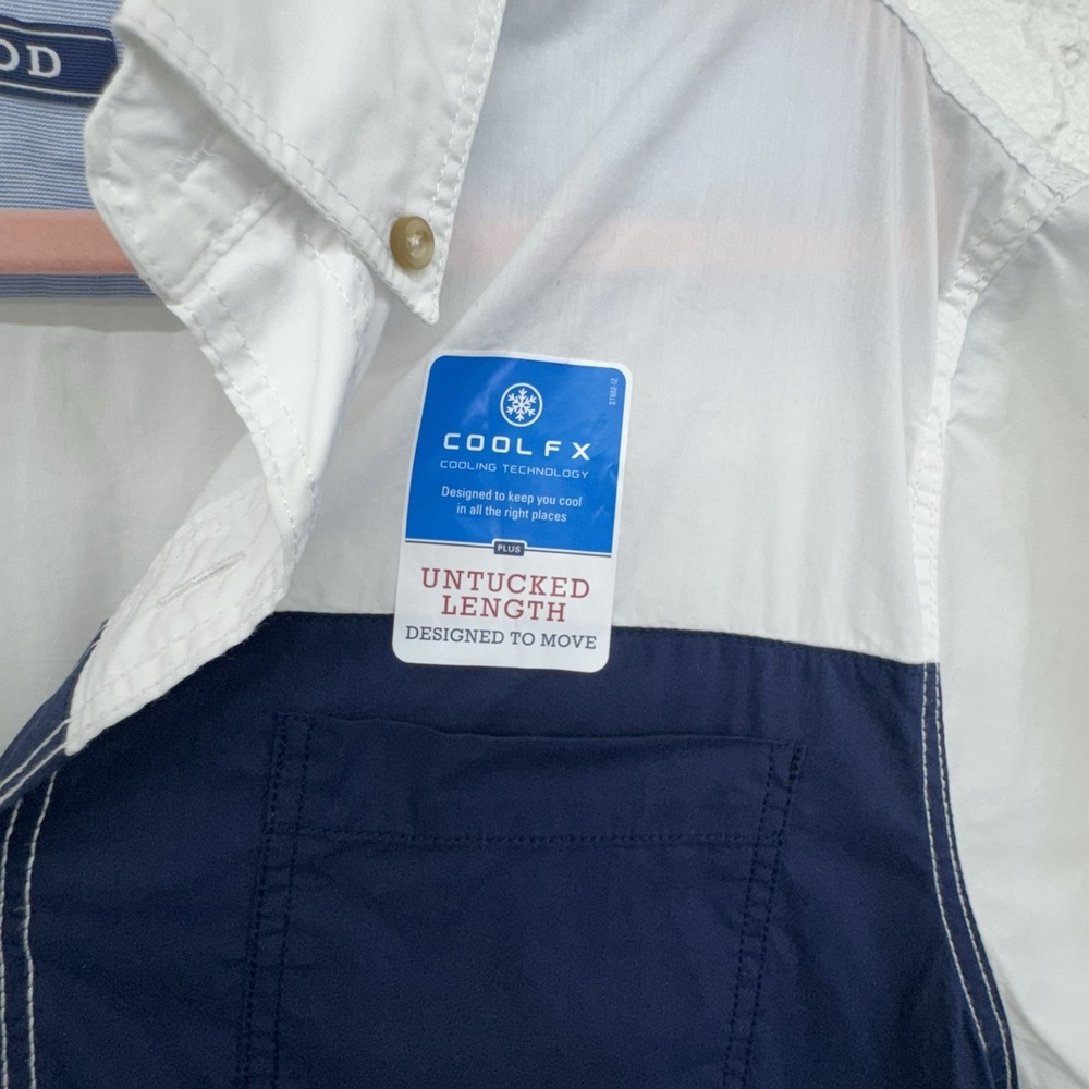 Izod Mens Medium NWT White Shirt Navy Block Button Up Short Sleeve Nautical - Picture 4 of 9
